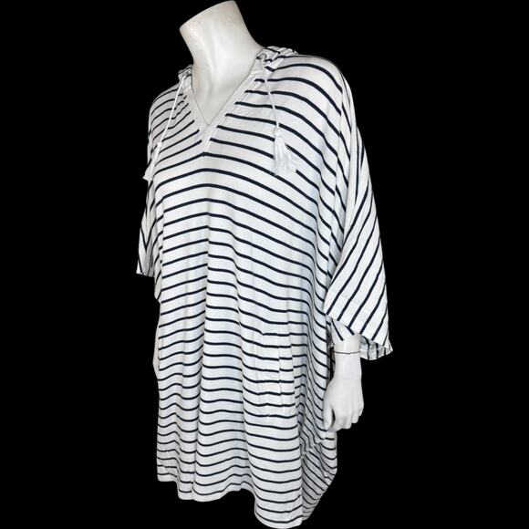 AMBERNOON II UV Hooded Striped Tunic Cover-Up White Navy 1X NWT Cotton Blend - Picture 4 of 16